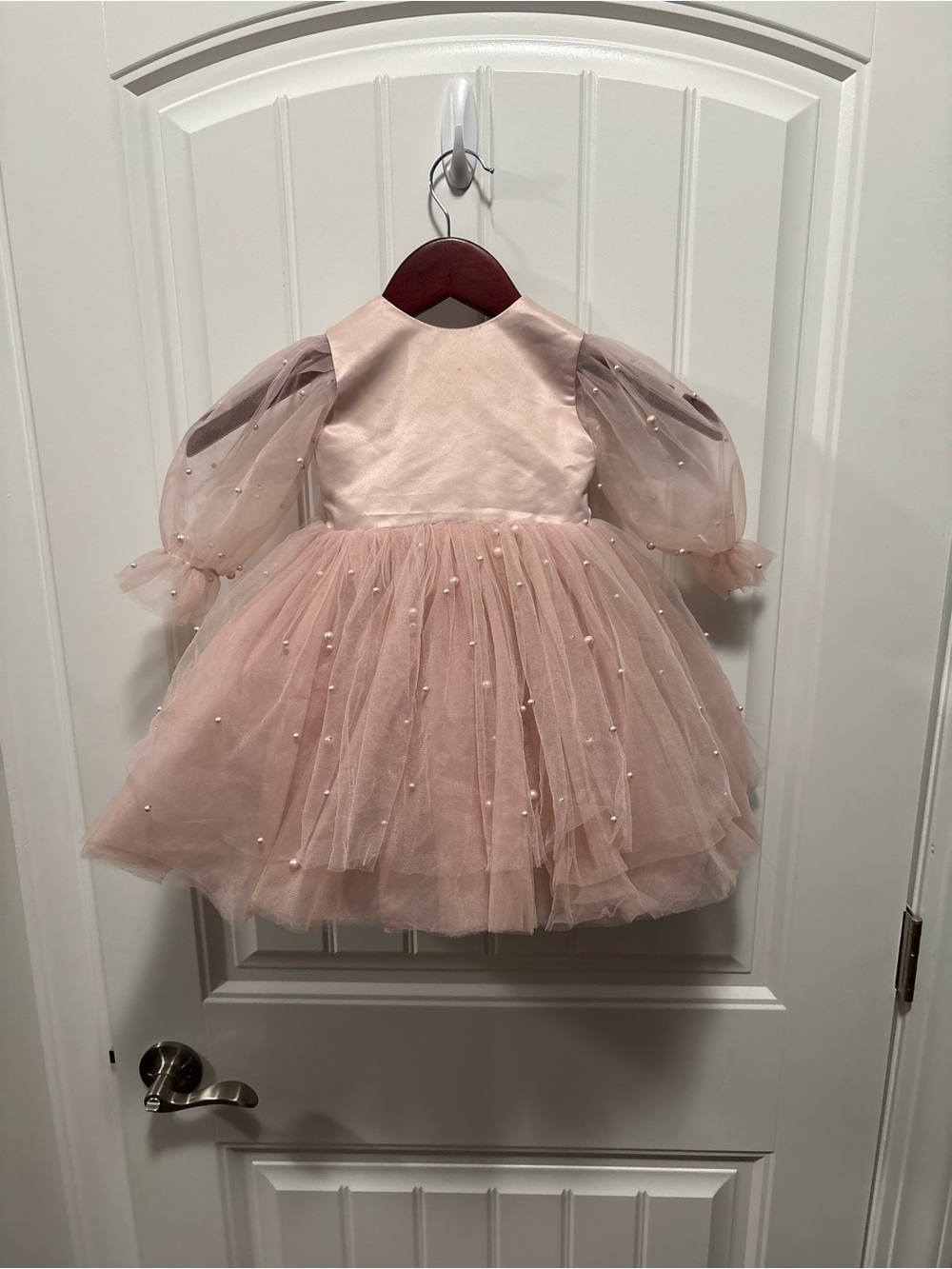 Girls Blush Pink Tulle Pearl-Embellished Party Dress